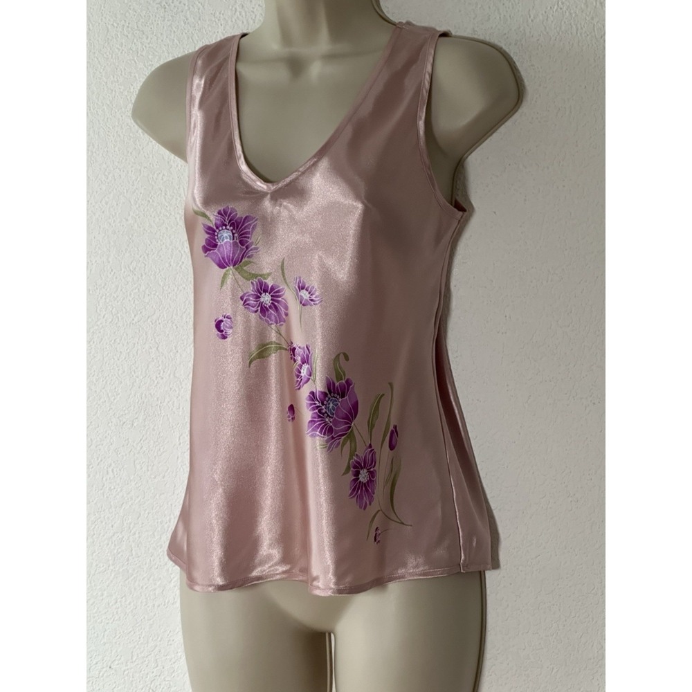 Vintage 90s Y2K Pink Floral Shiny Satin Tank Size S Dainty Coquette Fairycore - Picture 2 of 7